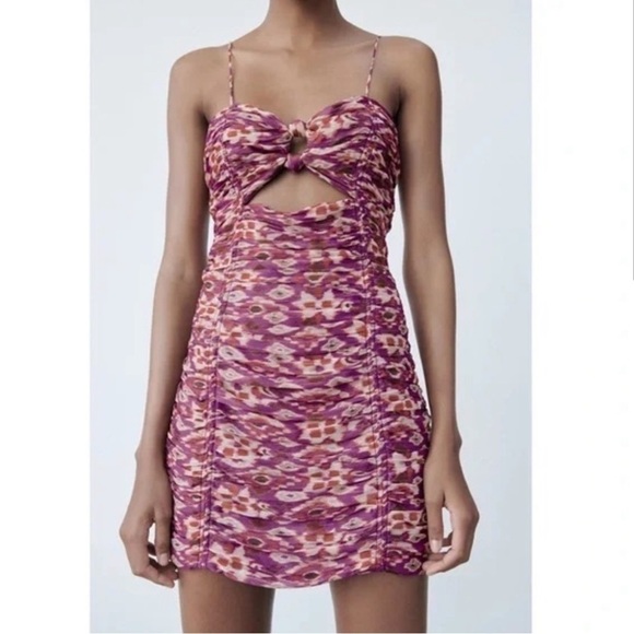 NWT Zara Retro Printed Double Knot Ruched Mini Dress - Picture 4 of 15